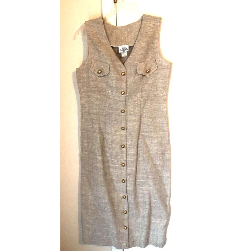 Miss California Womens Shirt Dress Beige Maxi V Neck Sleeveless Linen Vest USA L